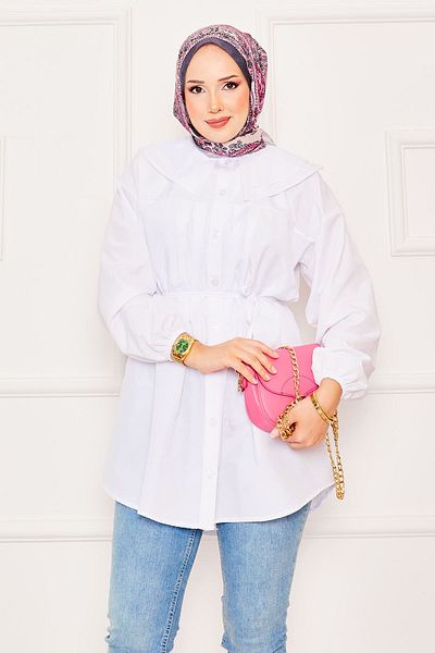 EBRUTESETTÜR Double Collar Lace-Up Waist Hijab Shirt