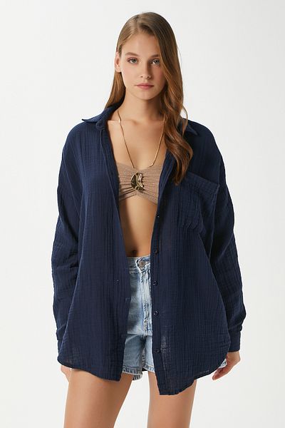 Ritnice Cămașă Tilda pentru femei, 100% bumbac, muselină, oversize, bleumarin