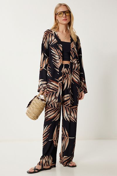 Lovelyİstanbul Patterned Summer Viscose Kimono Trouser Suit Black Lje0003