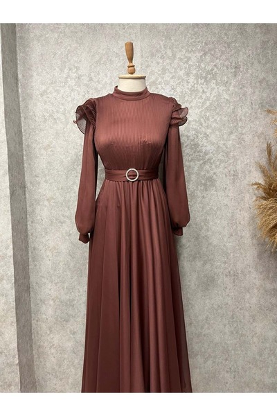 Patisca 25Y9596 ELBİSE ABİYE ÜST PİLİSELİ OMUZDAN FIRFIR DETAYLI KAHVE