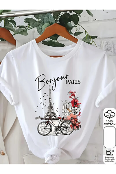 Pink Sky Pamuk komada Oversize kroj Bonjour Paris tema Cvetni dezen kratki ru...