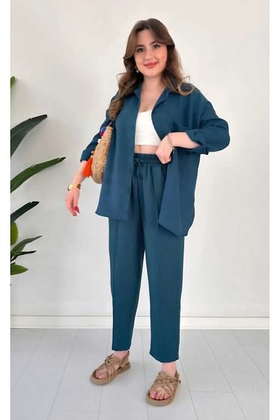 BUTİK1AVM Petrol Blue Color Women's Double Linen Shirt Bottom Top Pants Shirt Suit Drawstring New Season