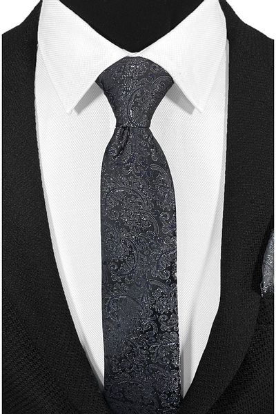 BLC Basic Line Co. Microfiber Tie and Handkerchief Set with Navy Shawl Pattern on Black Background - 7 cm Modern Cut