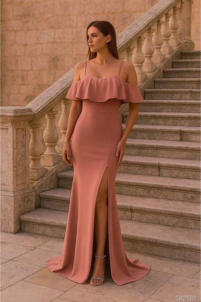 modaserdem Women's Diver Crepe Slit Detailed Strap Maxi Dress