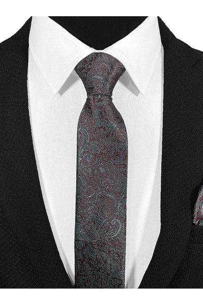 BLC Basic Line Co. Burgundy Paisley Patterned Microfiber Tie and Handkerchief Set on Dark Gray Background - 7 cm Modern Cut