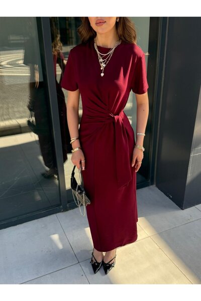 Bijuterria فستان نسائي من MODAVERA بأكمام قصيرة وياقة دائرية وربطة جانبية من ...