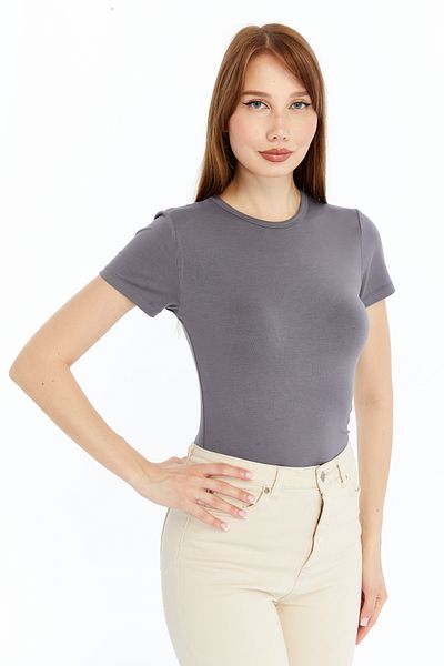 LAENT Women's Anthracite Gray Round Neck Short Sleeve Blouse