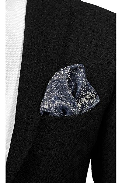 BLC Basic Line Co. Комплект от микрофибърна вратовръзка и кърпичка със сив мотив на тъмносин фон - 7 см модерен крой