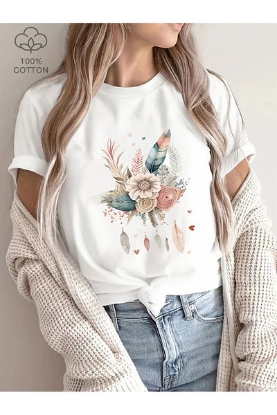 Pink Sky Cotton Oversize Pastel Floral and Feather Bohemian Printed Short Sleeve Crew Neck Comfortable Casual T-Shirt