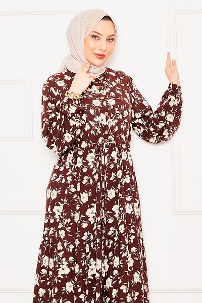 EBRUTESETTÜR Patterned Shirred Waist Buttoned Front Viscose Hijab Dress