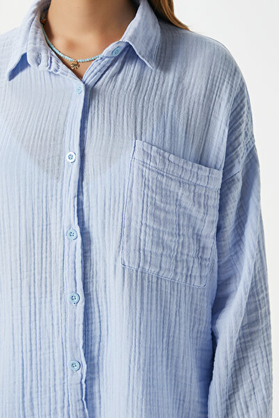 Ritnice Women's Tilda 100% Cotton Muslin Oversize Blue Shirt