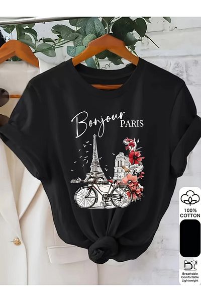 Pink Sky Cotton Oversize Bonjour Paris Themed Floral Patterned Short Sleeve Crew Neck Comfortable Casual T-Shirt