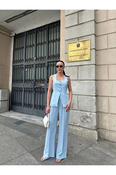 Myra Linen Vest Pants Suit-Blue