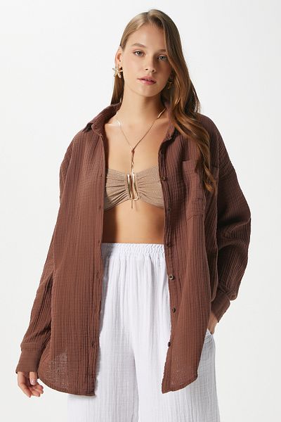 Ritnice Women's Tilda 100% Cotton Muslin Oversize Brown Shirt