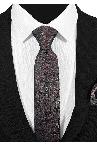 BLC Basic Line Co. Microfiber Tie and Handkerchief Set with Maroon Paisley on Black Background - 7 cm Modern Cut