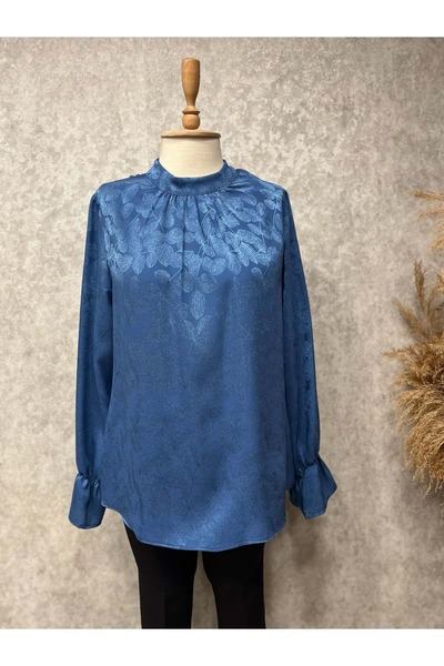MİSS VİSHNE 25Y5307 BLUZ SATEN YAPRAK DESENLİ KOL LASTİKLİ MAVİ