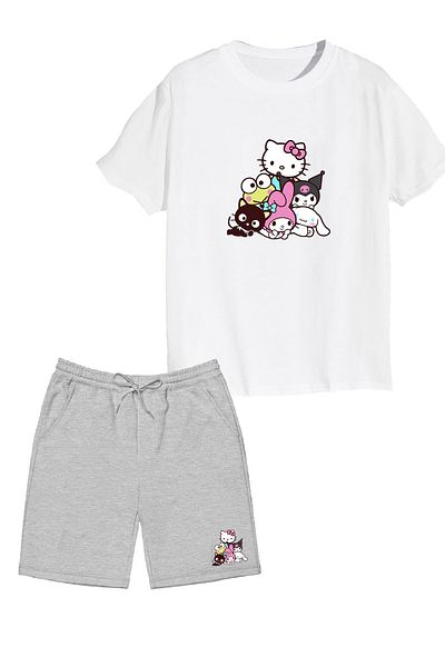 makiteks Set of 2 Printed Girls' Cotton Shorts Tshirt Suit Kuromi Hkitty 5 6 7 8 9 10 11 12 13 14 Years T-Shirt