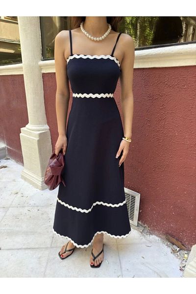 modaserdem Stylish and Comfortable Dress with Straps and Long Stripe Detail - Navy Blue
