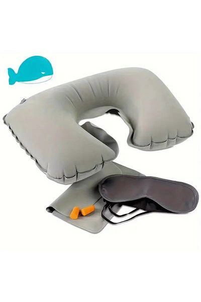 Eşya Dünyası Triple Travel Set Neck Type Orthopedic Inflatable Pillow + Non-Slip Eye Patch + Earplugs