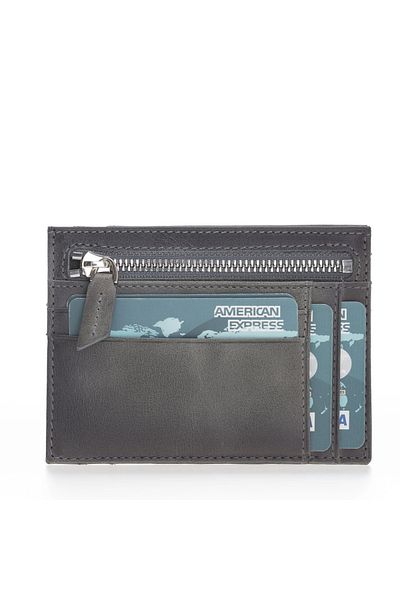 Silahlı Tower Leather Card Holder, Coin Compartment, 6 Card Compartments, Gray with Effects