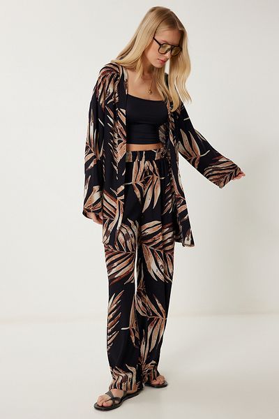 Lovelyİstanbul Patterned Summer Viscose Kimono Trouser Suit Black Lje0003