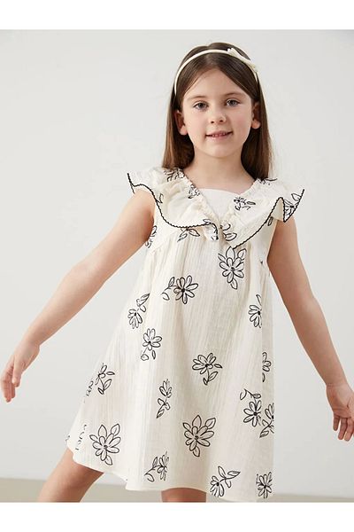 LC Waikiki Rochie de muselina pentru fete LCW Kids Ecru Floral
