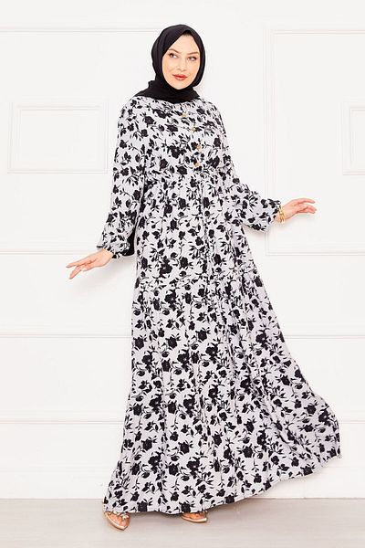 EBRUTESETTÜR Patterned Shirred Waist Buttoned Front Viscose Hijab Dress