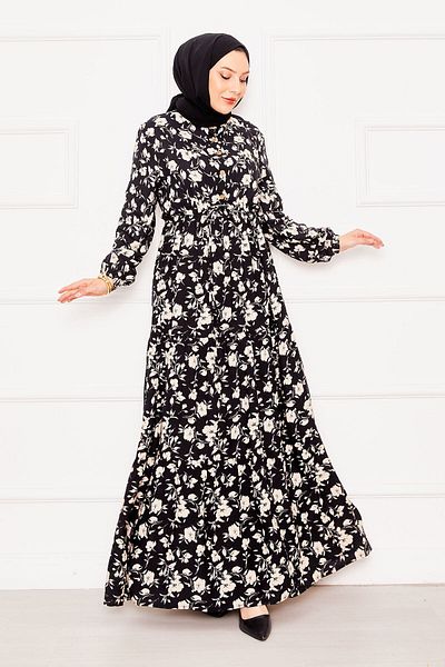 EBRUTESETTÜR Patterned Shirred Waist Buttoned Front Viscose Hijab Dress