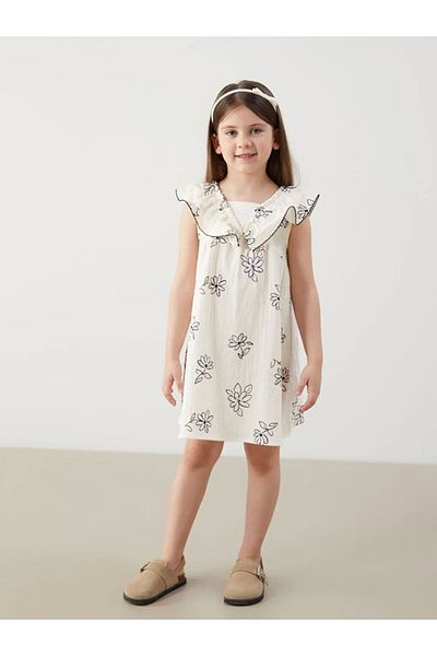 LC Waikiki Rochie de muselina pentru fete LCW Kids Ecru Floral