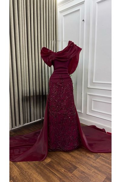 NR FASHION فستان سهره برغندي المزين بالورود