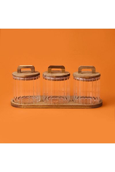 MATMEL Glass Spice Jar Set with Acacia Lid - Brown / Transparent - 600 ml