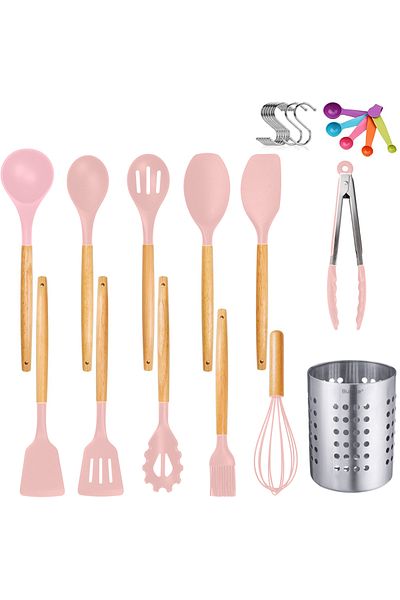 Bukate Set of 27 Kitchen Utensils, Bukate®, Wood/Silicone, Stainless Steel Support, Non-Stick, Heat Resistant - Pink