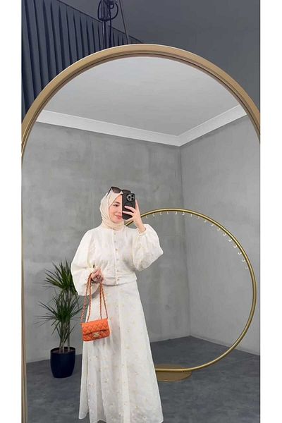 QUAWEAR Crew Neck Balloon Sleeve Lined Shirt and Lined Skirt Double Set