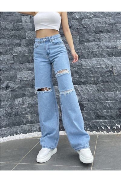 Lixera Pantaloni de blugi Palazzo din Lycra rupti foarte înalți