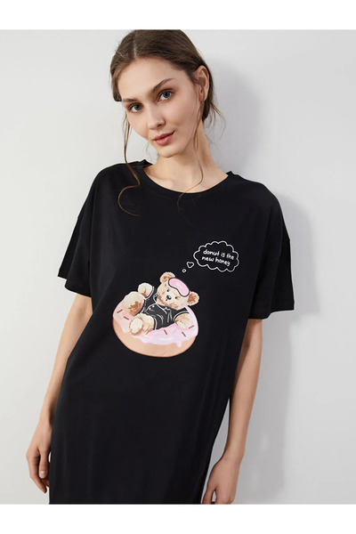 LC Waikiki Γυναικείο νυχτικό LCW Young Black Crew Neck Bear Teddy με στάμπα