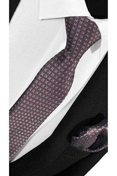 BLC Basic Line Co. Комплект от микрофибърна вратовръзка и кърпичка в цвят пушен кариран цвят на бордо фон - 7 см модерен крой