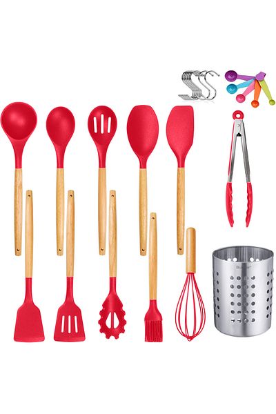 Bukate Set of 27 Kitchen Utensils, Bukate®, Wood/Silicone, Stainless Steel Support, Non-Stick, Heat Resistant - Red