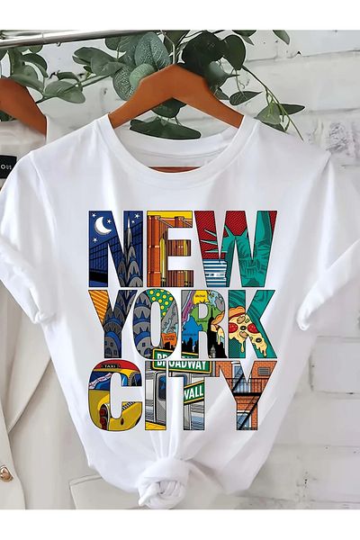 Pink Sky Cotton Oversize New York City Printed Short Sleeve Crew Neck Comfortable Casual T-Shirt