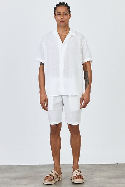 MADZEYMODA Ανδρικό υφαντό πουκάμισο και σορτς Premium Λευκό Κάτω Σετ LS-5605