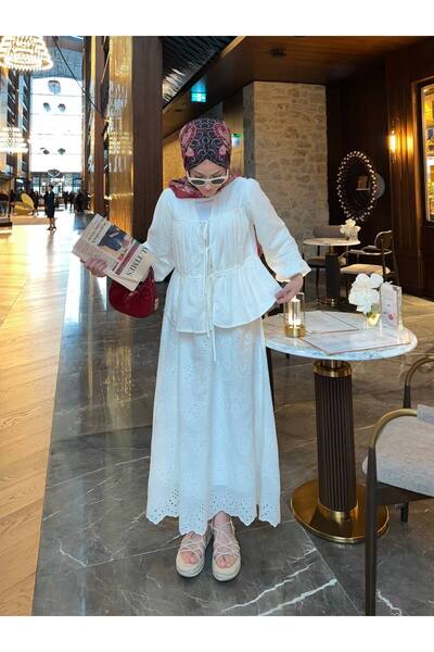 Viskosa Vi̇skosa Elegant Lace Long Sleeve Bottom Top Set, Scalloped Embroidered Peplum Dress, Stylish Modern Combination