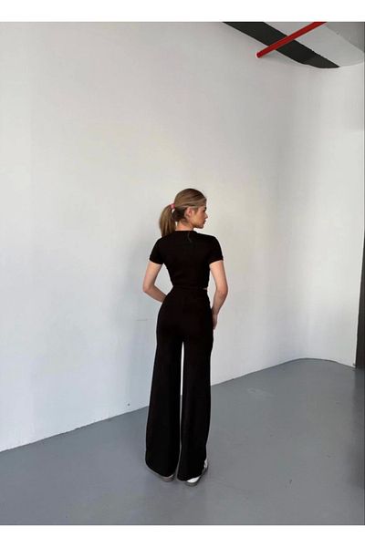 MODAVERA Osy modal soft textured fabric short sleeve crop comfortable trousers double set - black