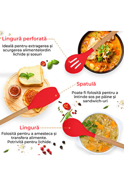 Bukate Set of 27 Kitchen Utensils, Bukate®, Wood/Silicone, Stainless Steel Support, Non-Stick, Heat Resistant - Red