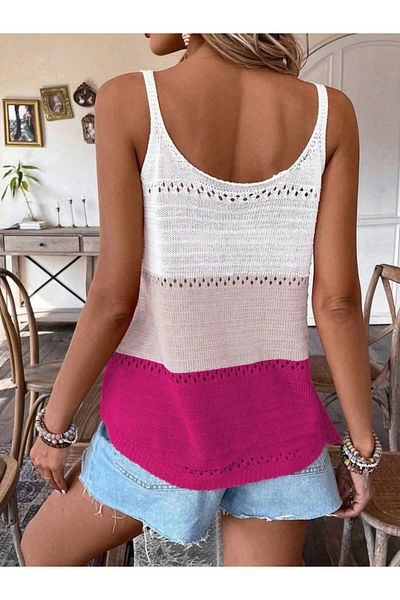 REKA MODA Women's Strappy Round Neck Double Color Knitwear Blouse