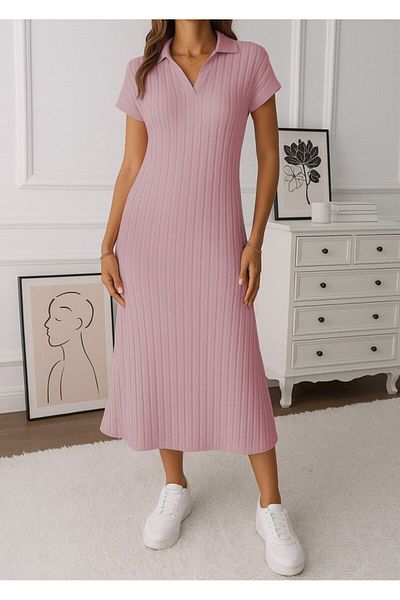 modaserdem Women Short Sleeve Collared Side Slit Thick Twill Camisole Dress
