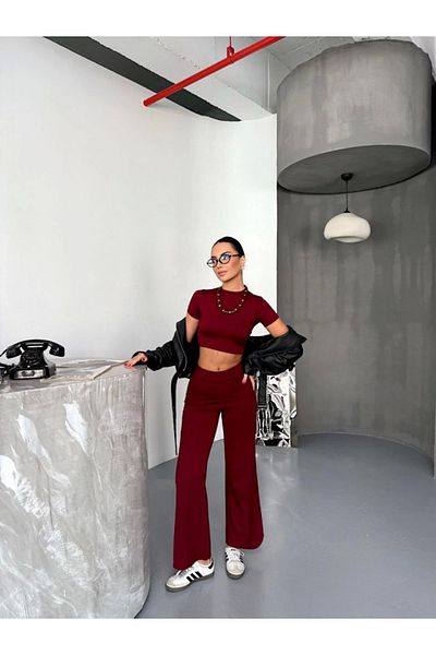 Kokosh moda Osy Modal Soft Textured Fabric Short Sleeve Crop Bottom Flared Leg Trousers Double Set -