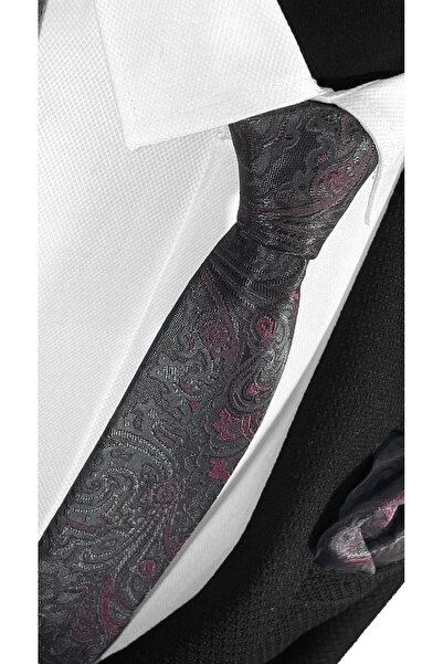 BLC Basic Line Co. Γραβάτα από μικροΐνες με μοτίβο με λεπτομέρεια δαμάσκηνου σε μαύρο φόντο - 7 cm μοντέρνα κοπή