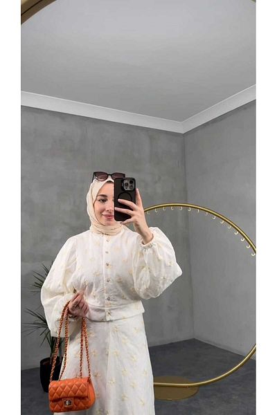 QUAWEAR Crew Neck Balloon Sleeve Lined Shirt and Lined Skirt Double Set