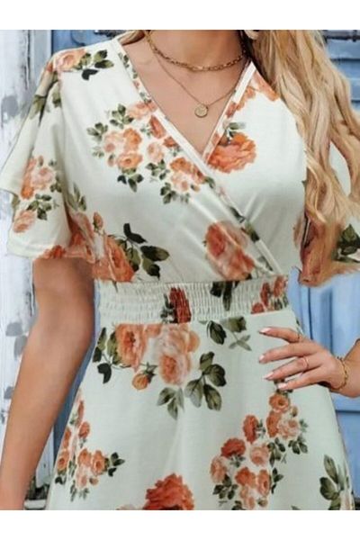 passense Women's Short Sleeve Double Breasted Collar Print Single Jersey Short Dress