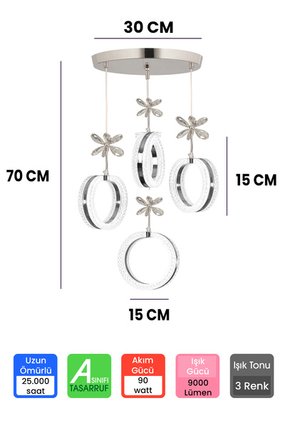 RANSOM 3 Renk Kumandalı Krom Kasa Yüzük Led Avize 4 Lü Modern Ledli Avize