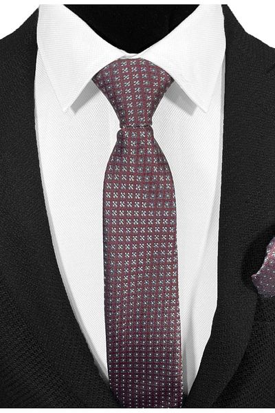 BLC Basic Line Co. Burgundy Ground over Smoked Gingham Microfiber Tie and Handkerchief Set - 7 cm Modern Cut
